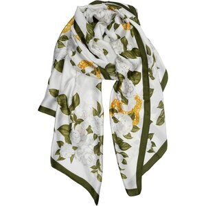 Women Green and White Long Stain Mulberry Silk Shawl Lightweight Sunscreen Scarf